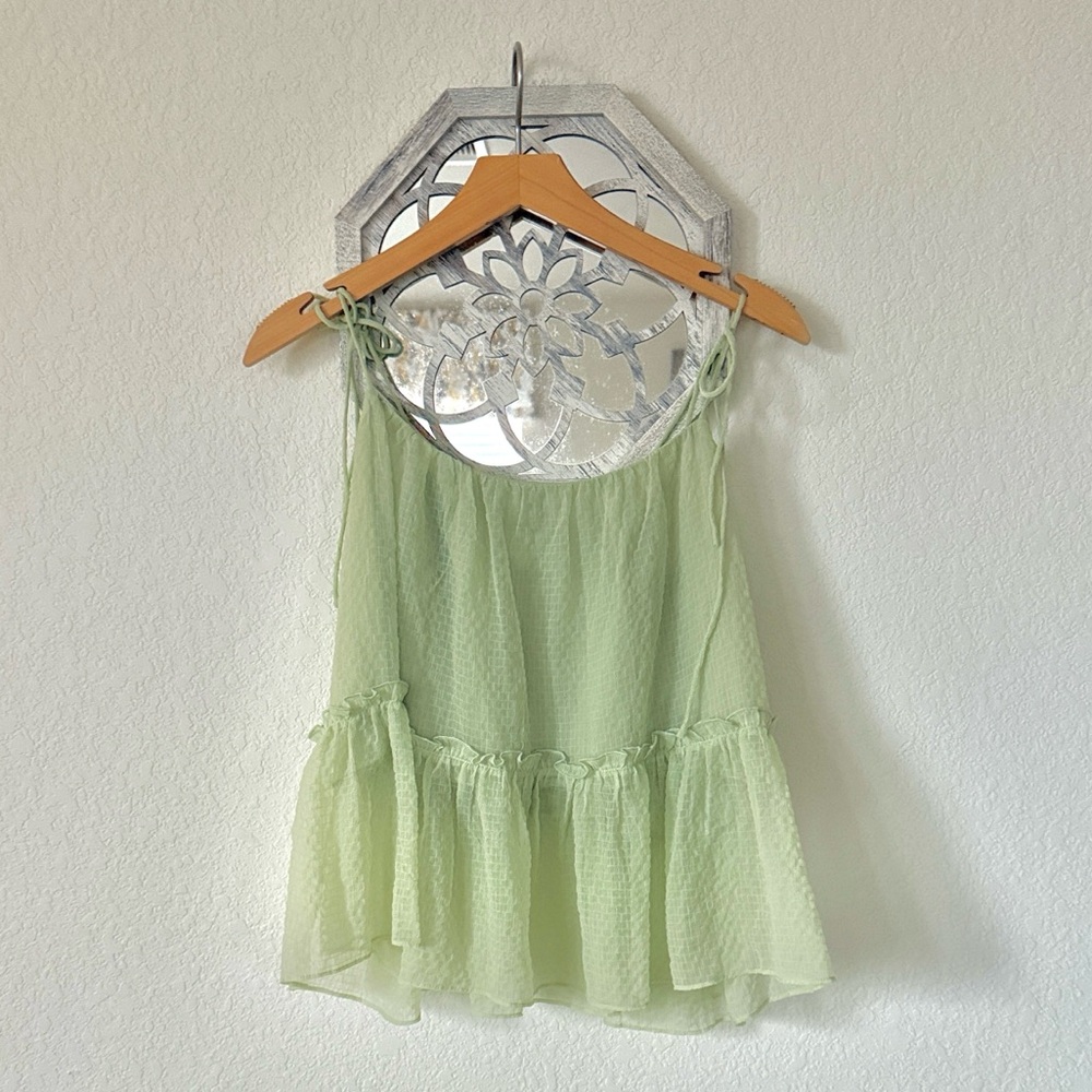 Le Lis • Light Sage Green Textured Tie Strap Ruffle Babydoll Tank Top